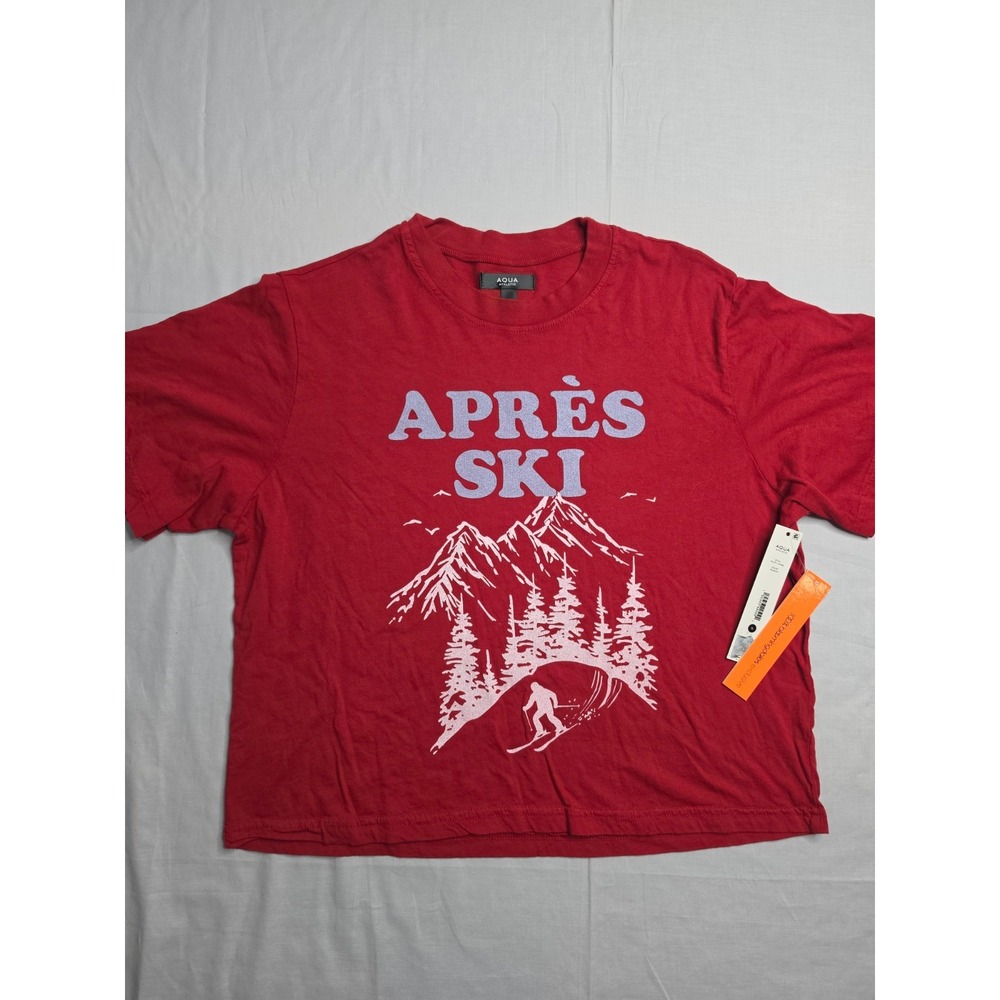 AQUA Athletic T-Shirt Women's Small Red Apres Ski Graphic Cotton Everyday Wear